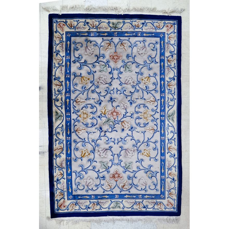 Chinese Blue Floral Sculpted Wool Rug 9' x 6'