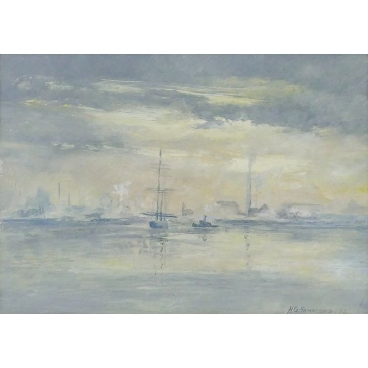 H.G. Hammond ''Ships and Industry'' 1921 Gouache Framed 11''x13''
