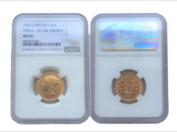 1872 Queen Victoria Young Head London Mint No Die Number Gold Shield Sovereign NGC AU53