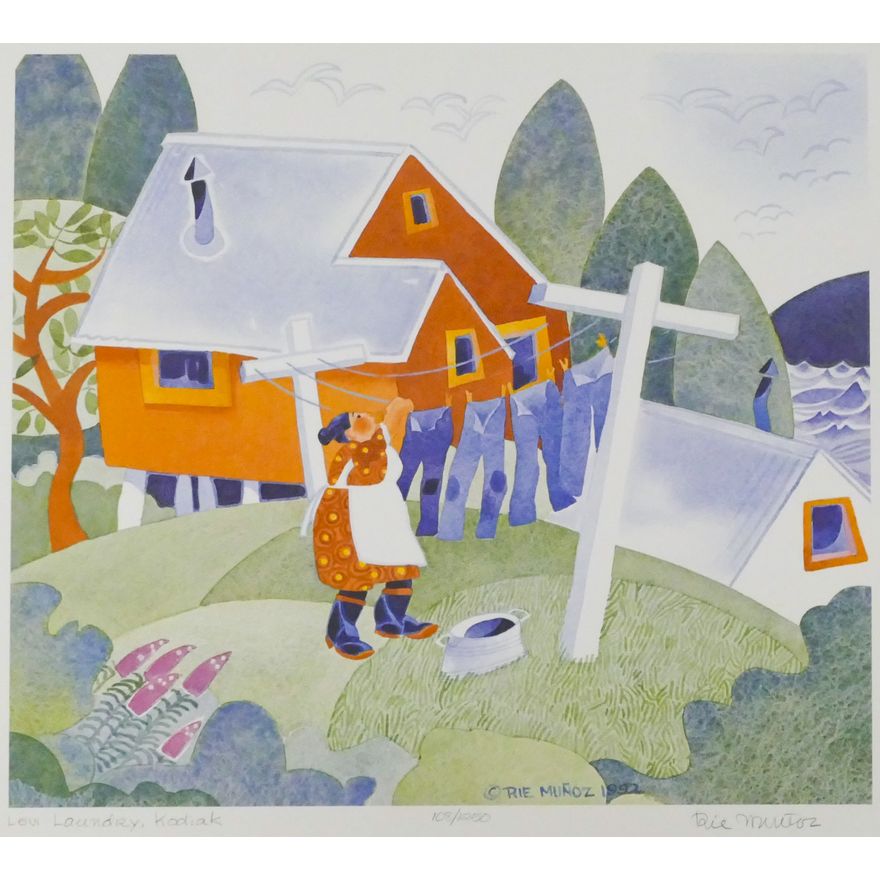 Rie Munoz "Levi Laundry, Kodiak" 1992 Signed Print 16.25" x 17.5" Sheet.