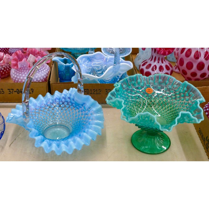 2pc Fenton Blue & Green Hobnail Glass 6'' to 10''