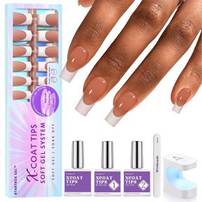 BTARTBOXNAILS XCOATTIPS FRENCH TIP NAIL KIT - LONG SQUARE BROWN FRENCH NAIL TIPS WITH NAIL GEL, FRENCH PROTECING DUO, NAIL LAMP, G