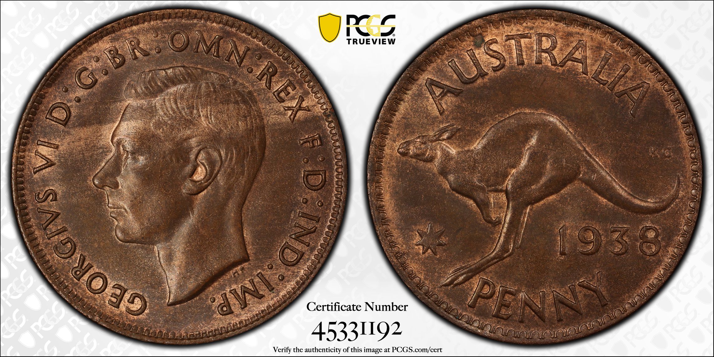George VI, Penny, 1938, PCGS MS 64BN