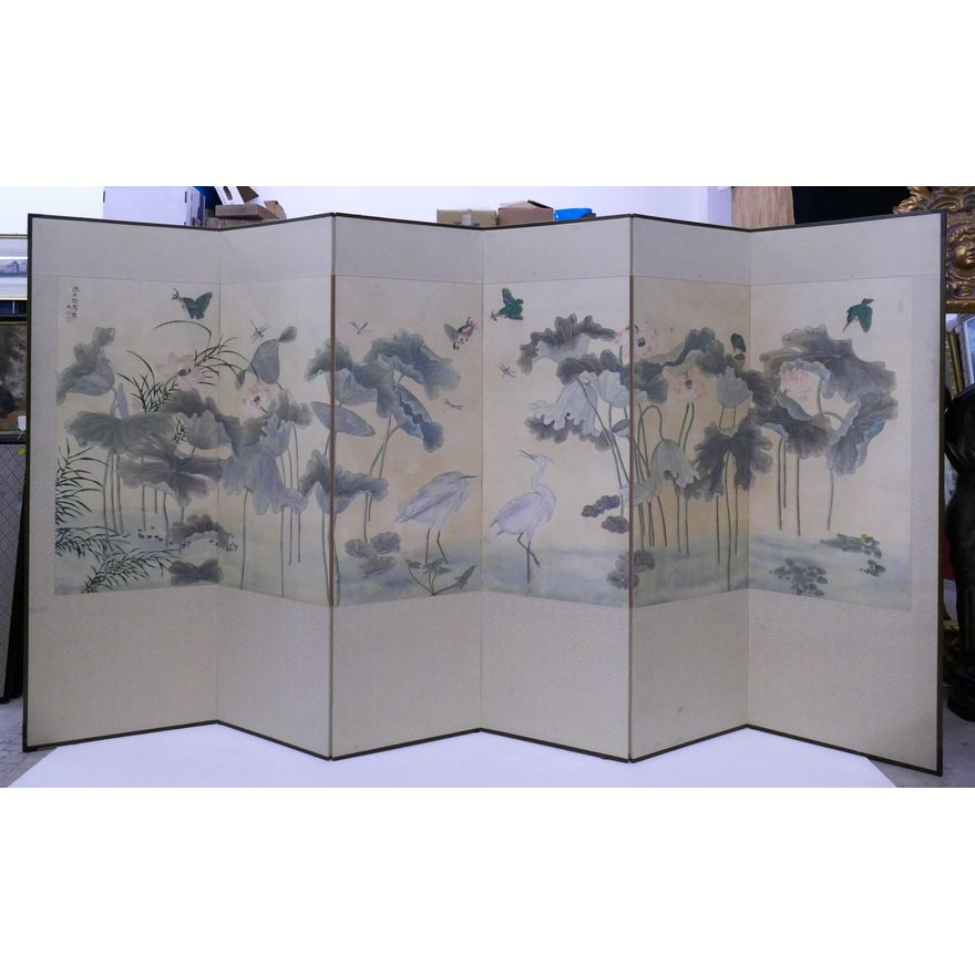 Korean 6 Panel Painted Lotus Blossoms & Birds Room Screen- 64x122''