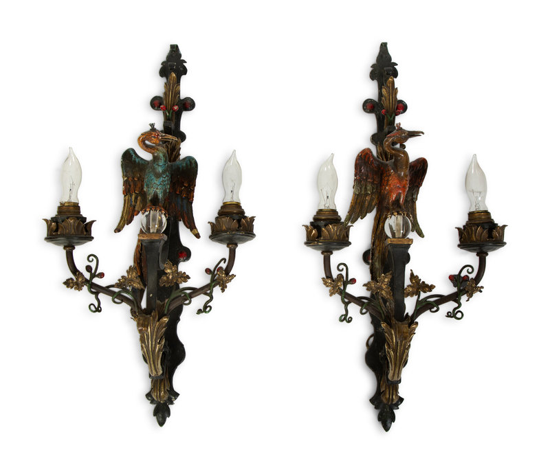 A Pair of Whimsical Cold Painted Bronze Sconces
Height 25 1/2 x width 11 x depth 10 inches.