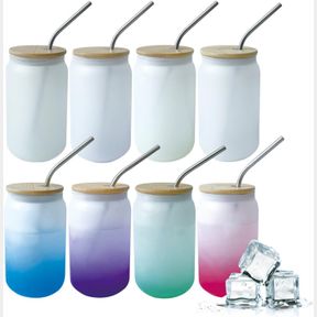 WHATAMUG 4PCS COLD COLOR CHANGING FROSTED SUBLIMATION DRINKING GLASSES WITH BAMBOO LIDS AND STRAWS, 16OZ BEER CAN SHAPED GLASSES,