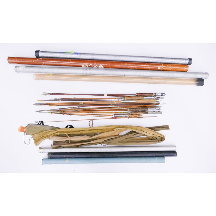 Group Fly Fishing Rods for Parts & Repair. Roughly 6pc. Also included are 7pc Rod Storage Tubes of various sizes and Cloth Bags for storage.