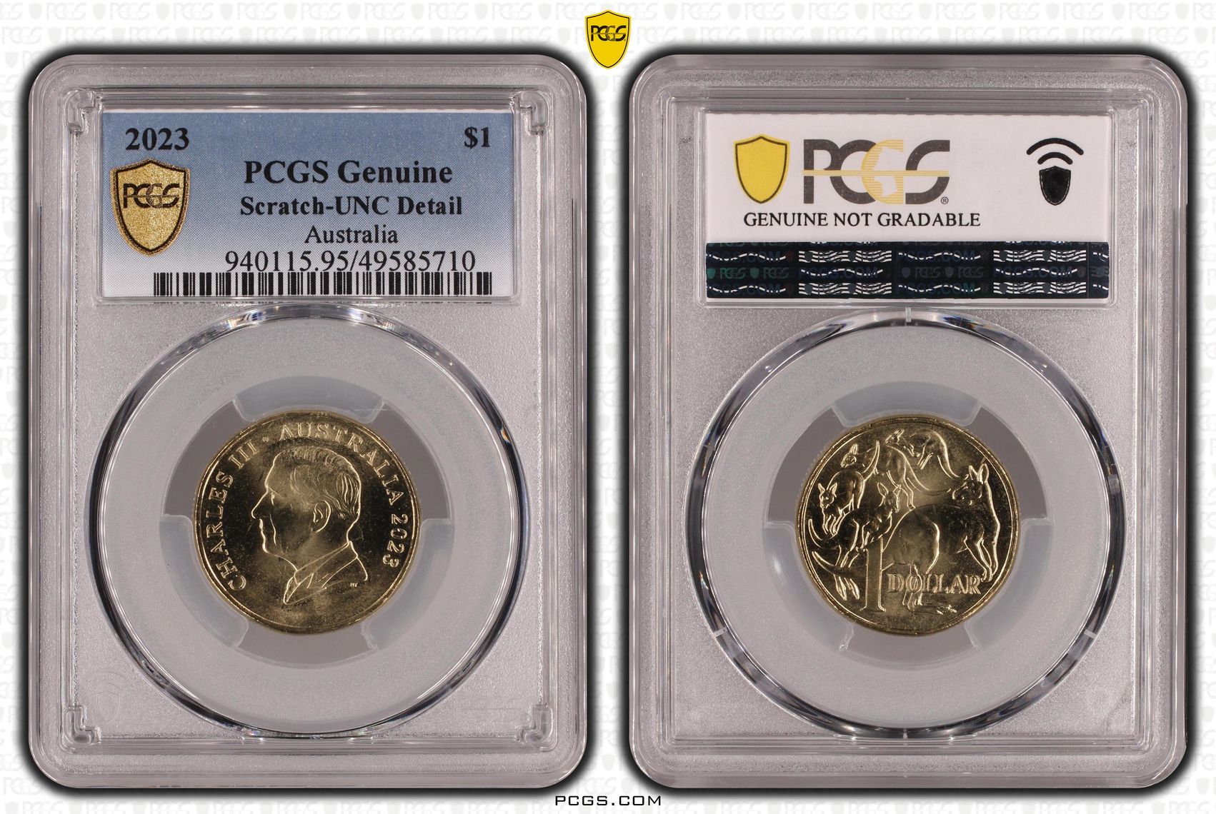 Charles III, One Dollar, 2023, PCGS Genuine - UNC Details (95 - Scratch)