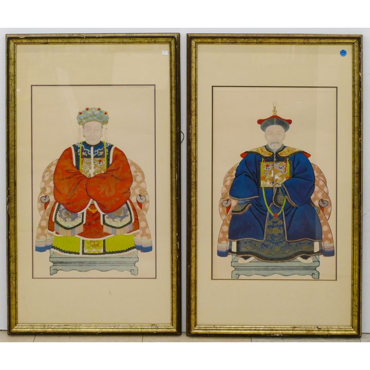 Pair Vintage Chinese Ancestral Prints Framed 34''x19.5''