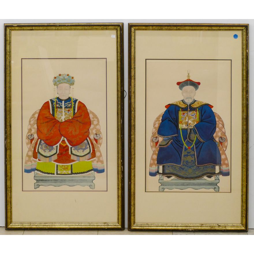 Pair Vintage Chinese Ancestral Prints Framed 34''x19.5''