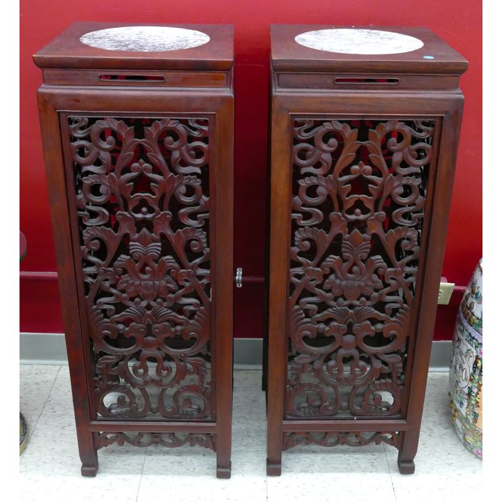 Pair Chinese Pierced Rosewood Marble Top Plant Stands