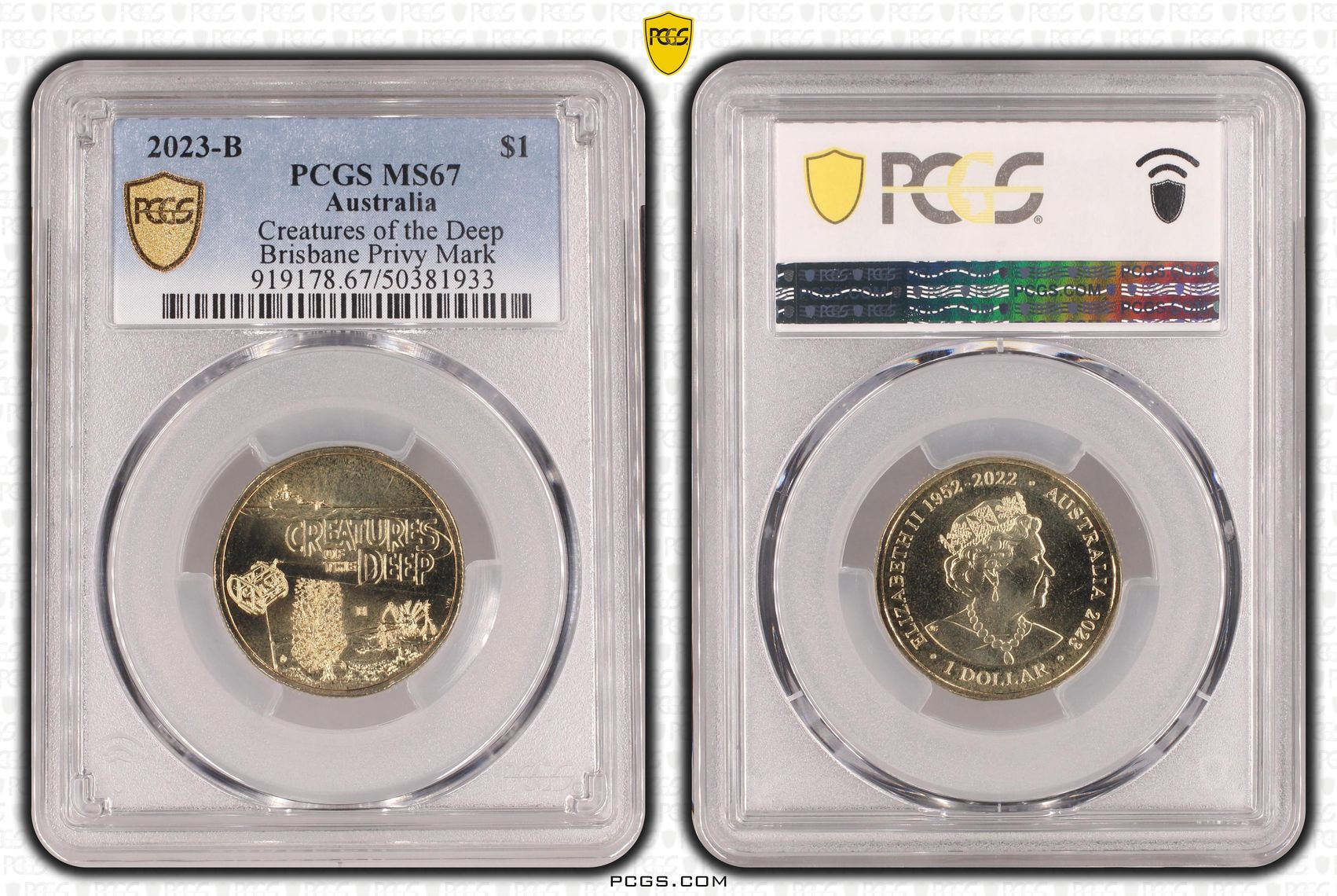 303 · Elizabeth II, Creatures of the Deep Privy Mark , One Dollar, 2023-B, PCGS MS67