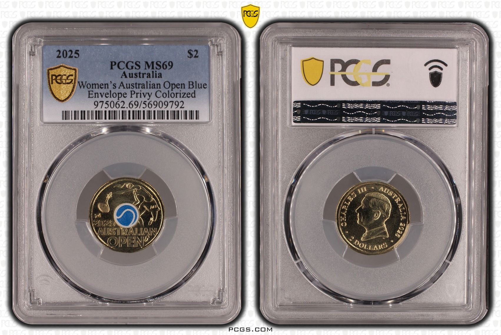 Women's Australian Open Blue Envelope Privy Colourised, Two Dollar, 2025, PCGS MS69