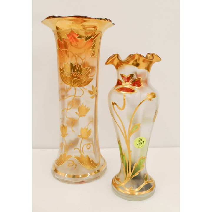 2pc Art Nouveau Floral Gilt Vases- 8'' and 12''