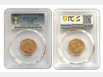 1909 King Edward VII Canada Mint Gold Sovereign R2. Graded by PCGS AU58