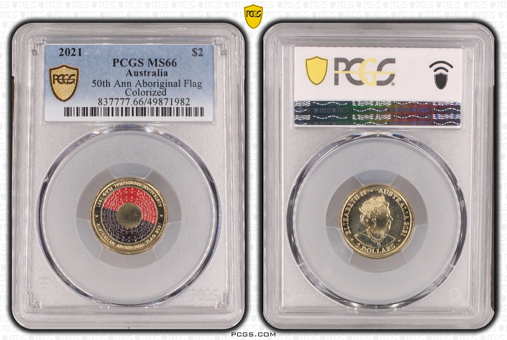 Elizabeth II, 50th Ann Aboriginal Flag Colorized , Two Dollar, 2021, PCGS MS66