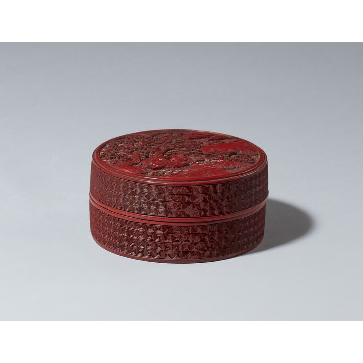 A carved cinnabar lacquer figural box and cover. Qing dynasty, 18/19th century