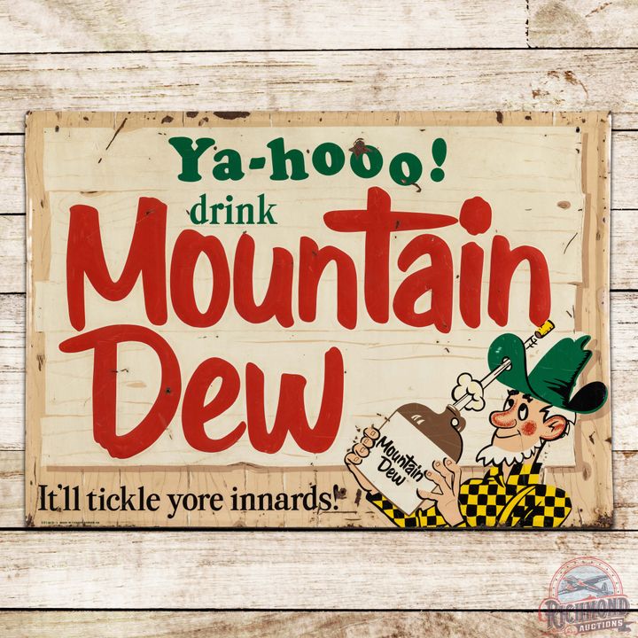 1968 Ya-Hooo! Drink Mountain Dew "It'll tickle yore innards!" Emb Single Sided Tin Sign w/ Hillbilly