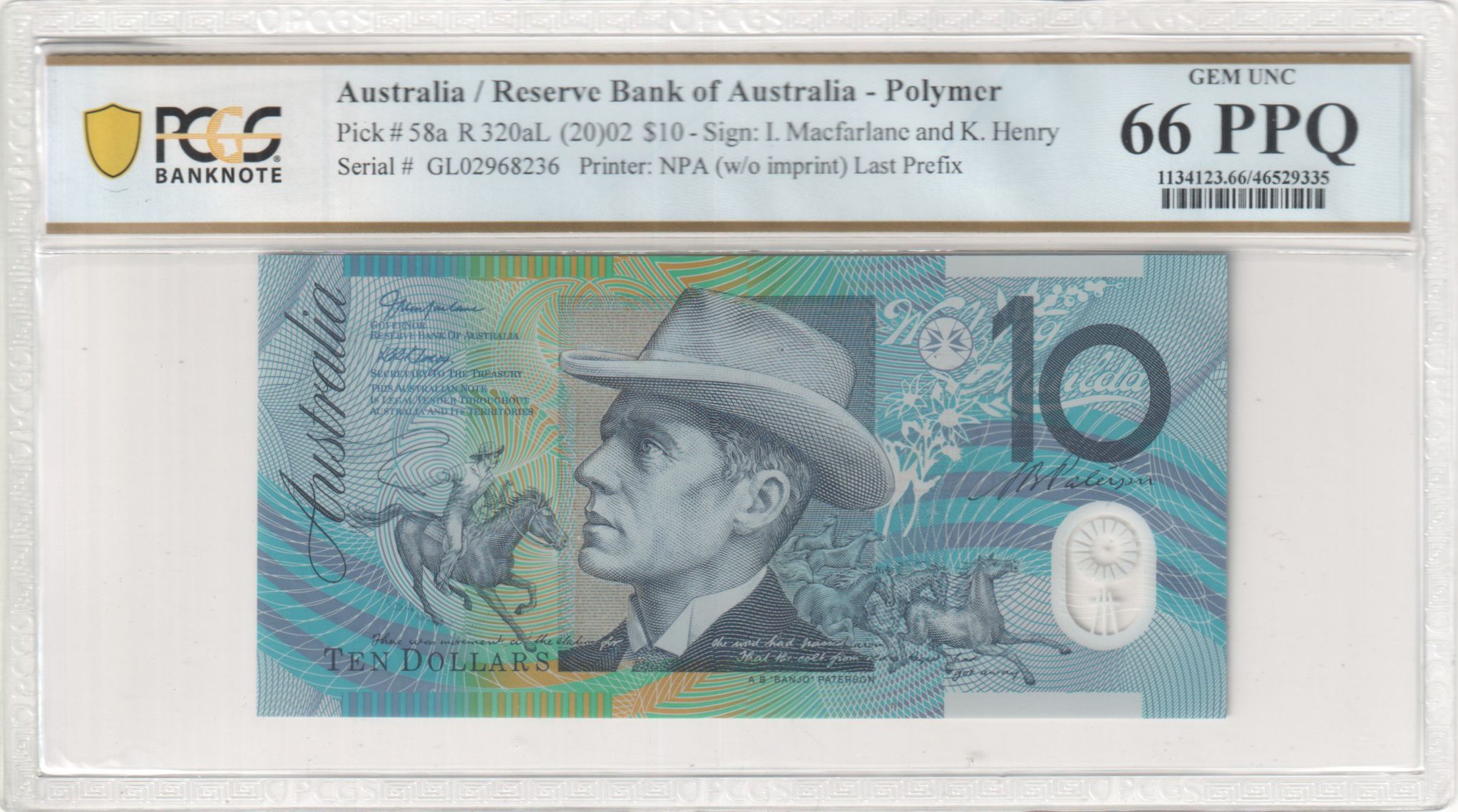 Macfarlane/Henry, Last Prefix, Ten Dollar, 2002, PCGS Gem UNC 66 PPQ