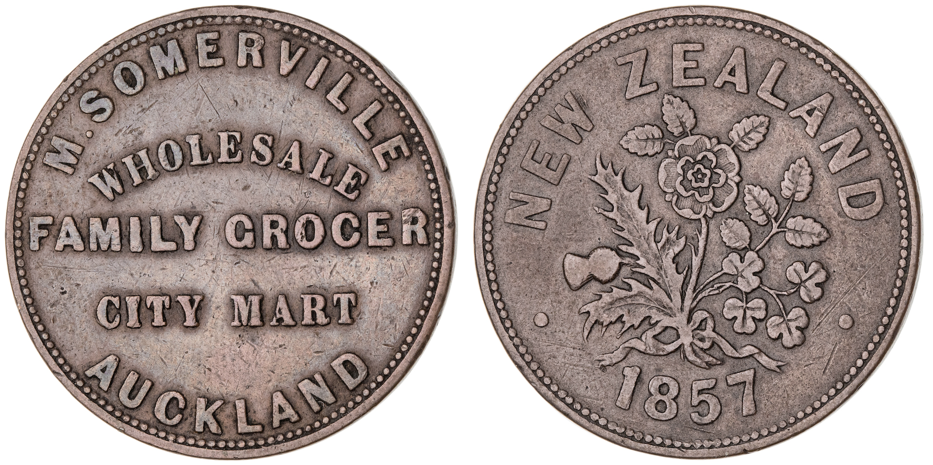 Auckland, New Zealand, M. Somerville, Penny, 1857, VF