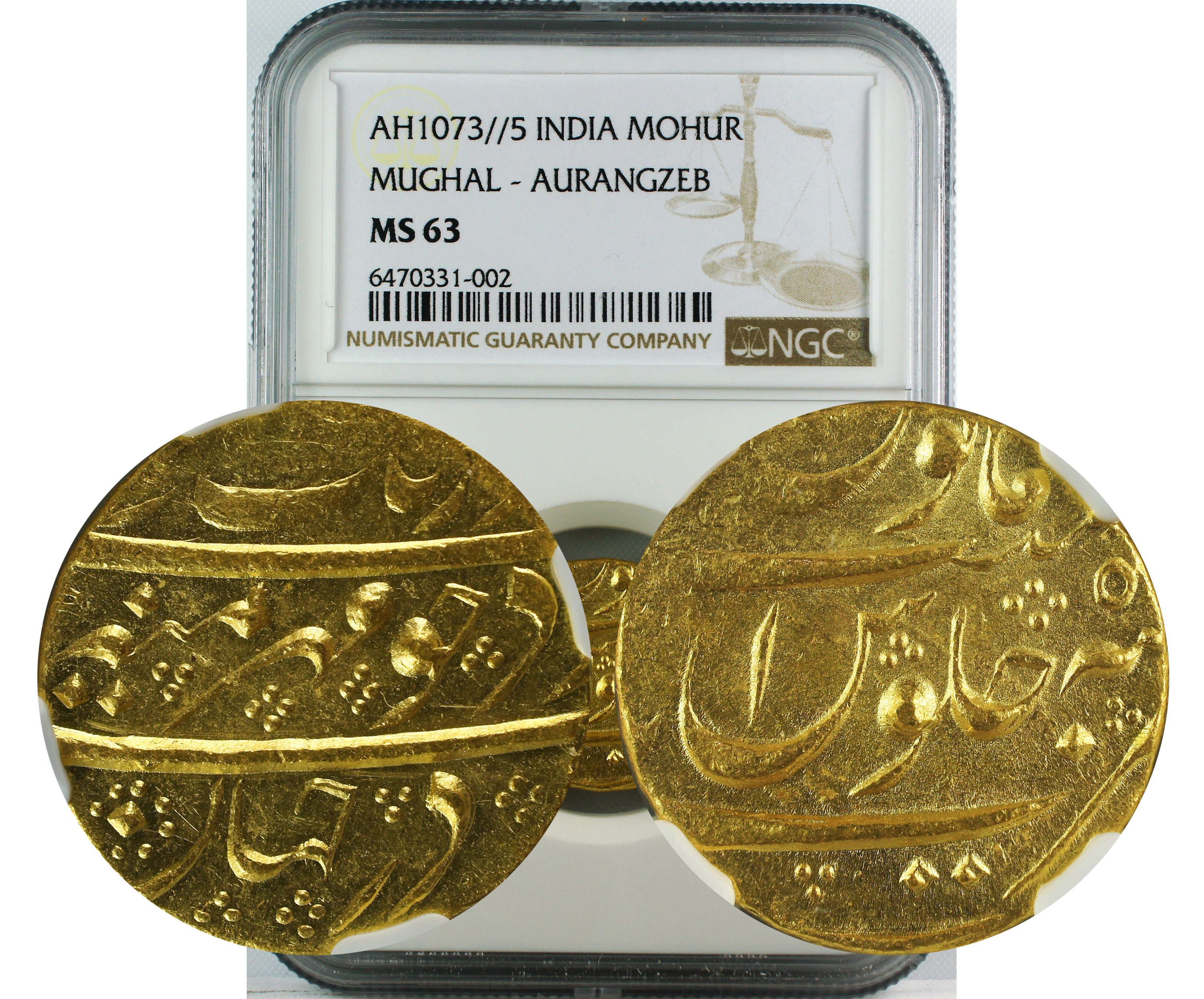 AH 1073//5 INDIA GOLD MOHUR MUGHAL-AURANGZEB MS63
