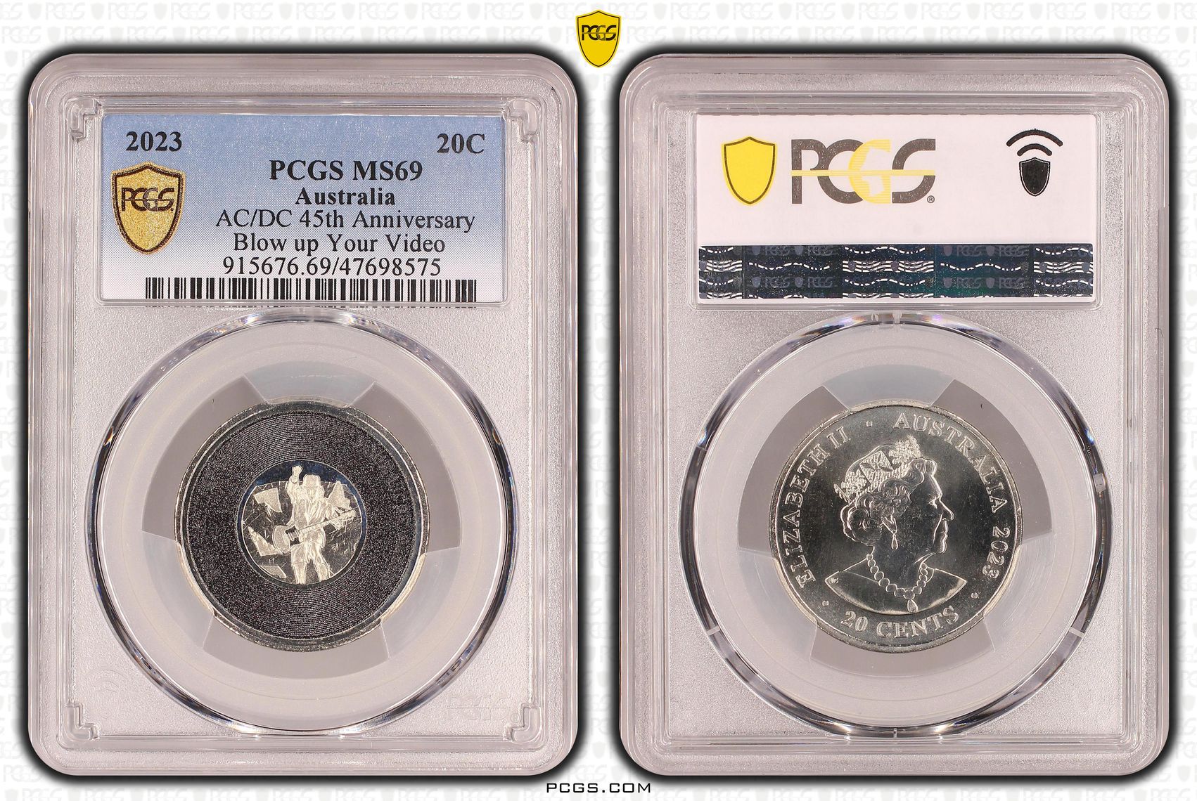 293 · Elizabeth II, AC/DC 45th Anniversary - Blow up Your Video  POP 20/0, Twenty Cent, 2023, PCGS MS69