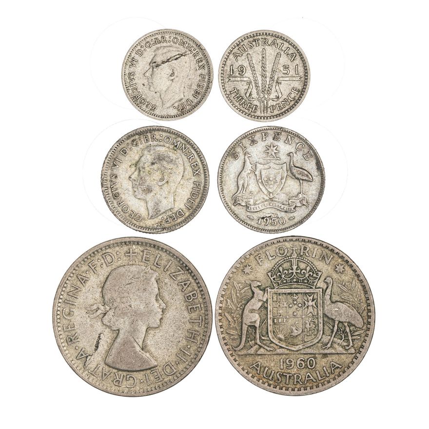 George VI - Elizabeth II, Threepence - Florin, 1950 - 1960,  VG - gF