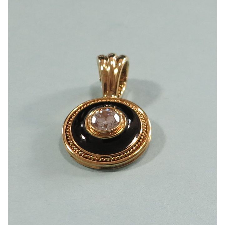 A FINE ENAMELED 9CT GOLD AND CUBIC ZIRCONIA PENDANT.