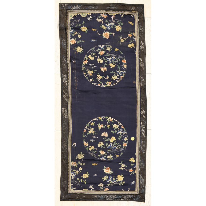 Antique Chinese Silk Embroidered Floral Panel 41''x18'' - Some tearing