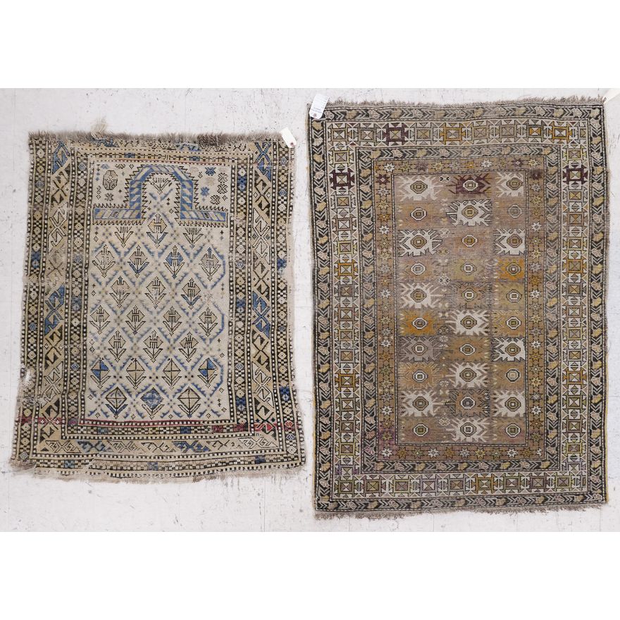2pc Antique Caucasian Small Rugs- 4'x3'5'' and 6'x3'7''- heavy wear