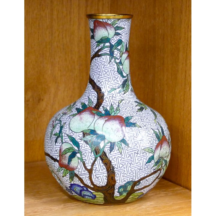 Old Chinese Cloisonne Peach Bottle Vase 8'' - Some denting