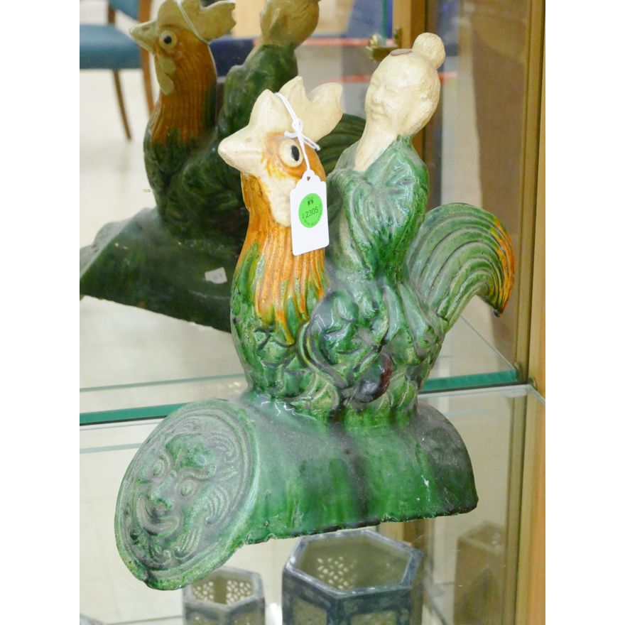 Old Chinese Sancai Rooster Roof Tile 12''