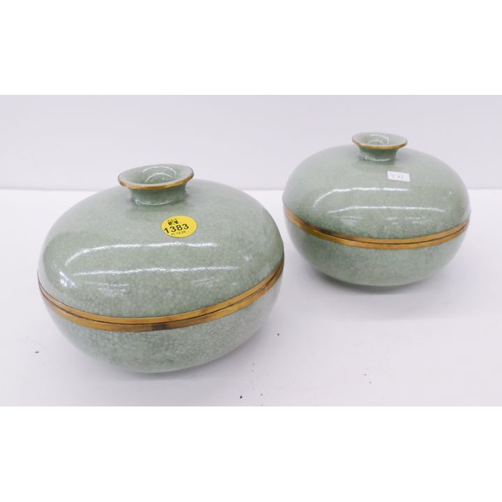 Pair Asian Celadon Covered Bowls- 4x6''