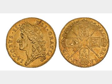1686 KING JAMES II GOLD GUINEA AU58 (2ND HIGHEST GRADED) VERY RARE