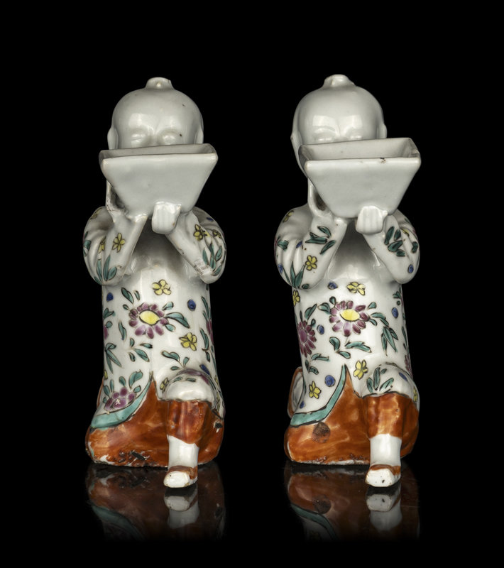 A Pair of Chinese Famille Rose Porcelain Figural-Form Candle Holders