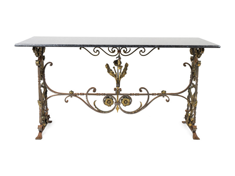 A Continental Cast Iron Marble Top Console 
Height 31 x width 60 x depth 24 inches.