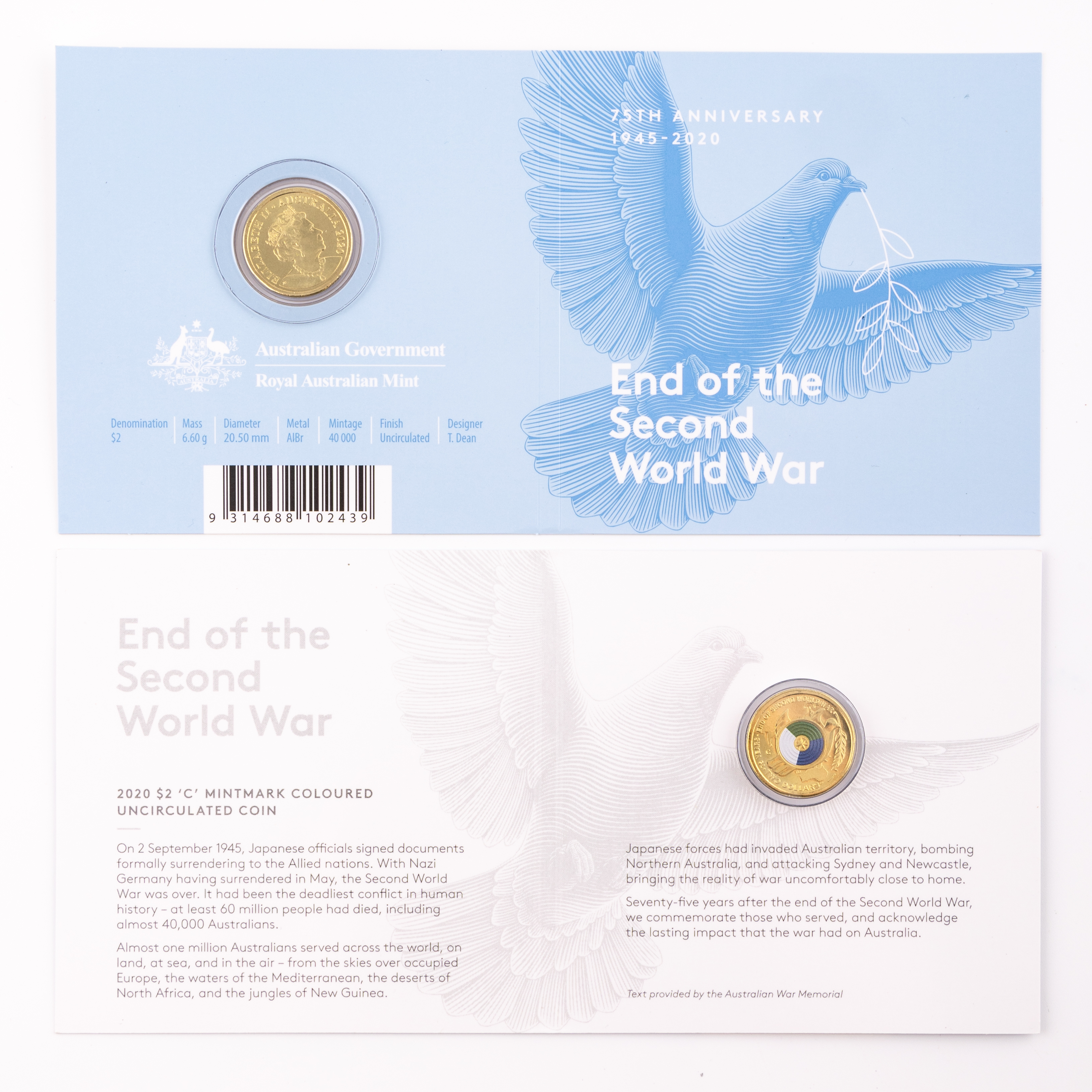 Elizabeth II, End Of The Second World War Carded Coin, Two Dollar, 2020-C, UNC