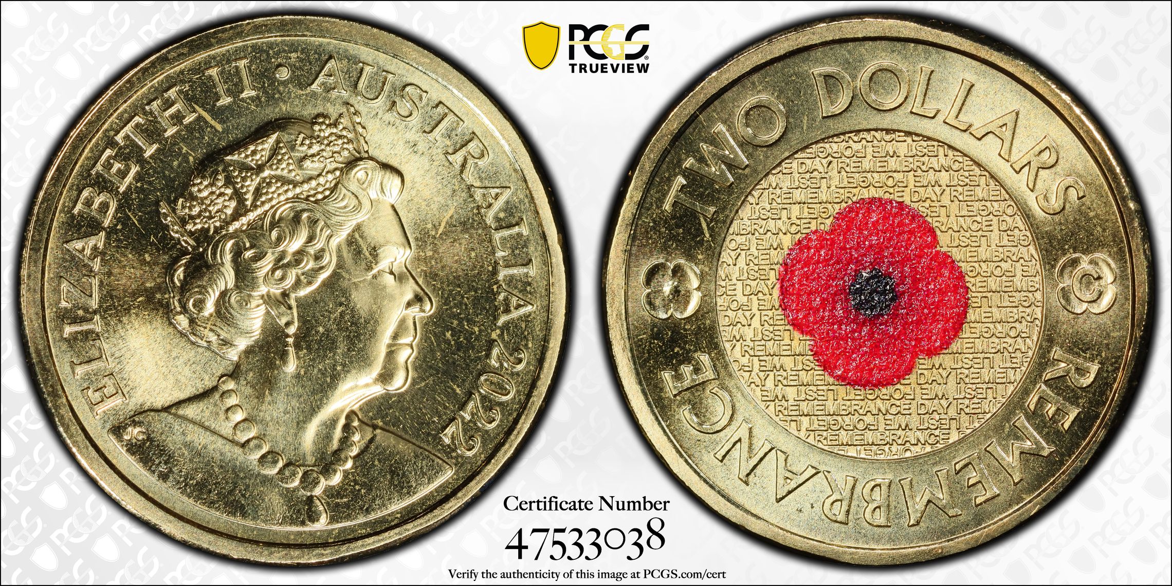 Elizabeth II, Remembrance Day Colorized , Two Dollar, 2022-C, PCGS MS67