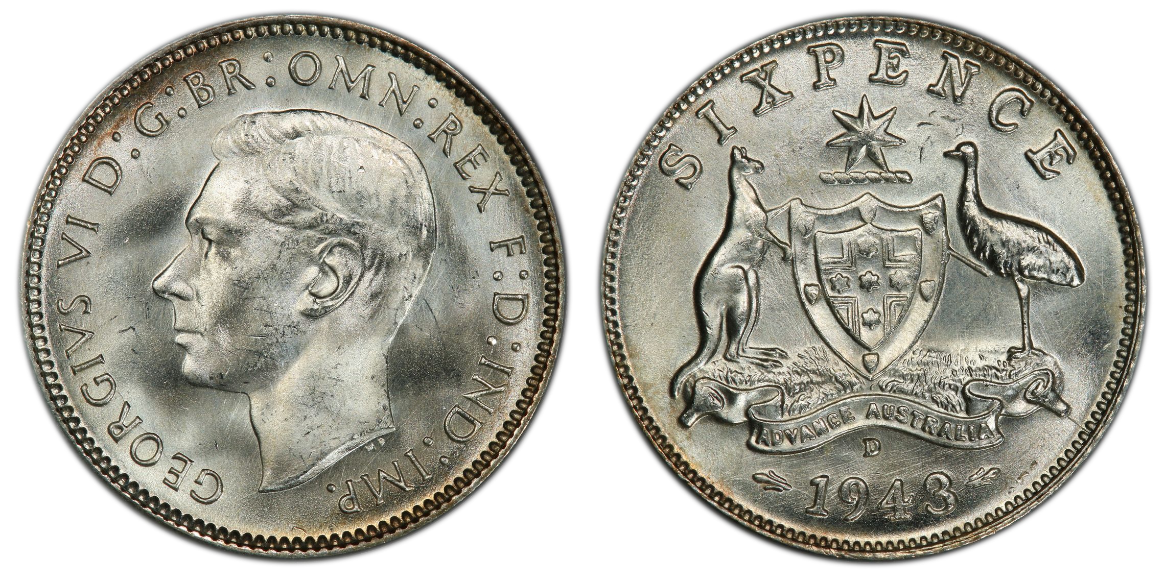 George VI, Sixpence, 1943-D, PCGS MS66