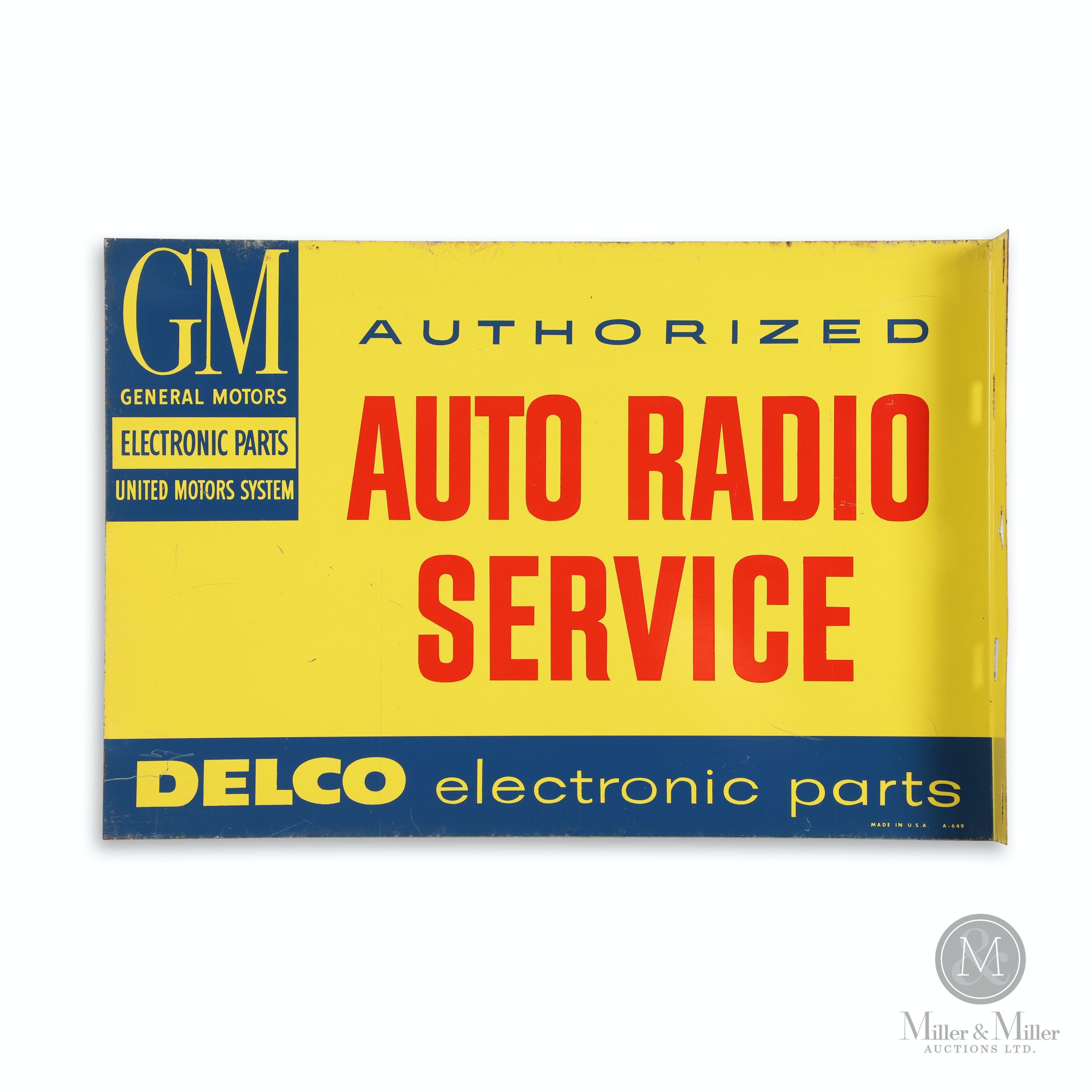 GM Auto Radio Service Tin Litho Flange Sign Barnebys
