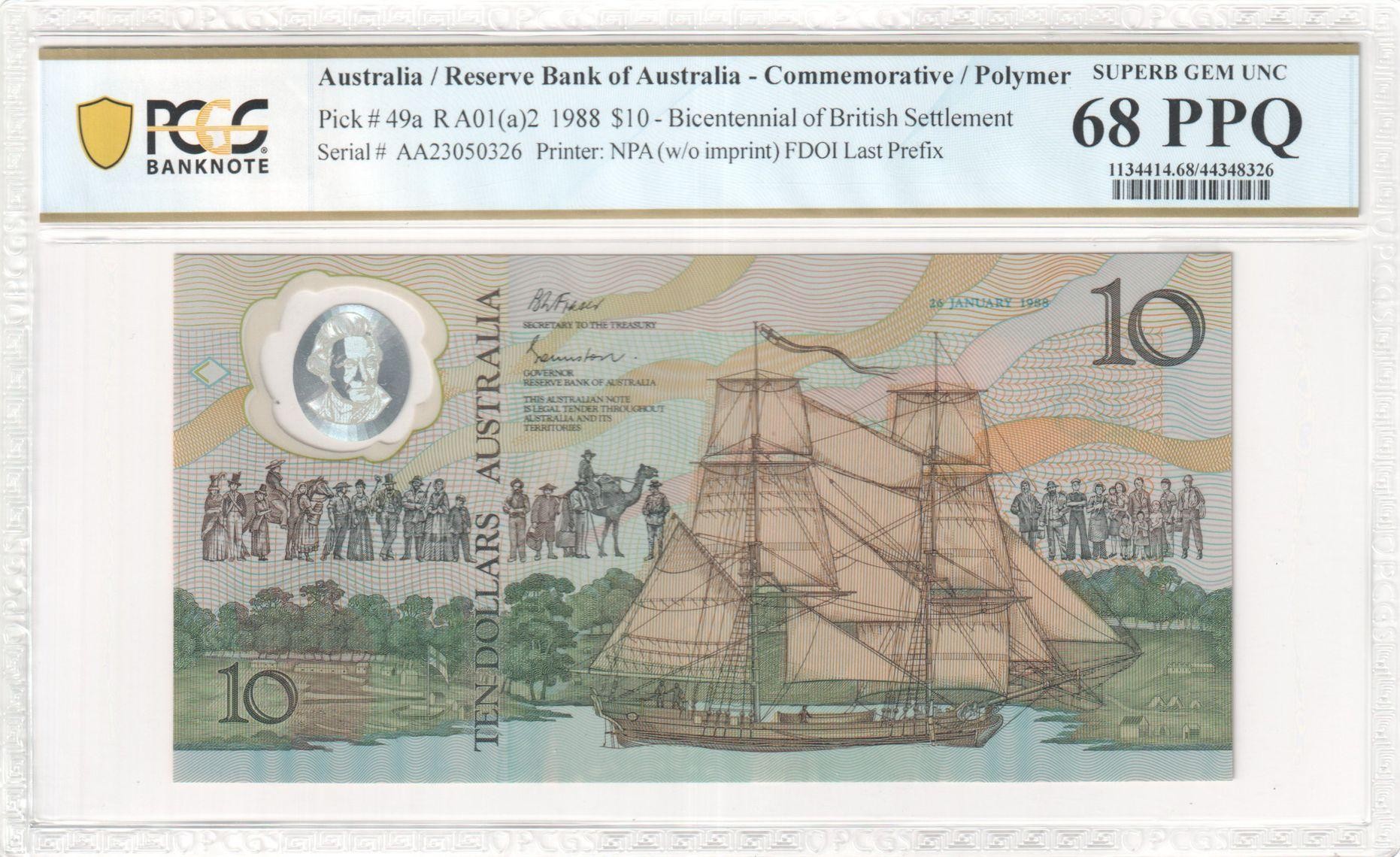 169 · RBA, Bicentennial of British Settlement, FDOI Last Prefix, Ten Dollar, 1988, PCGS - Superb Gem UNC 68 PPQ
