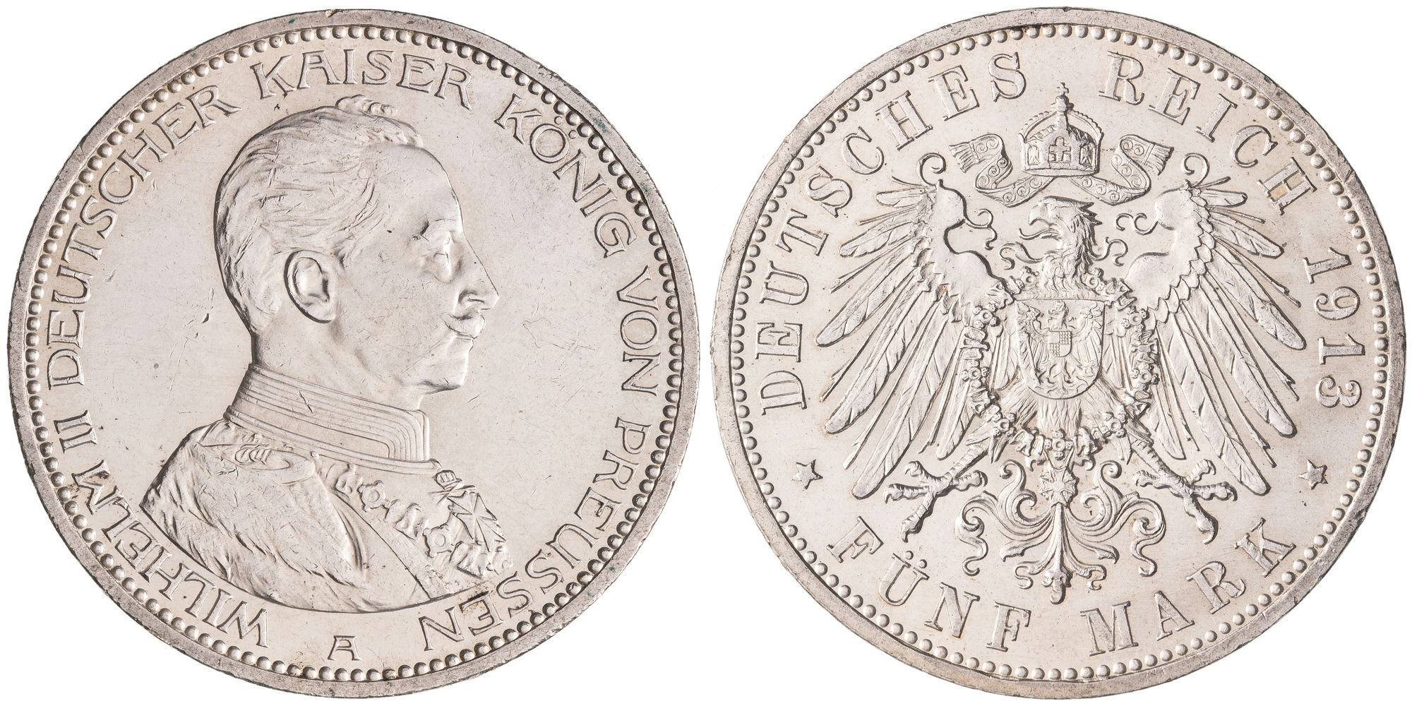 German States, Willem II Koning, Kingdom of Prussia, Five Mark, 1913-A, EF