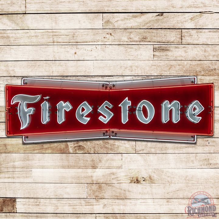1959 Firestone Die Cut SS Porcelain Flashing Neon Sign