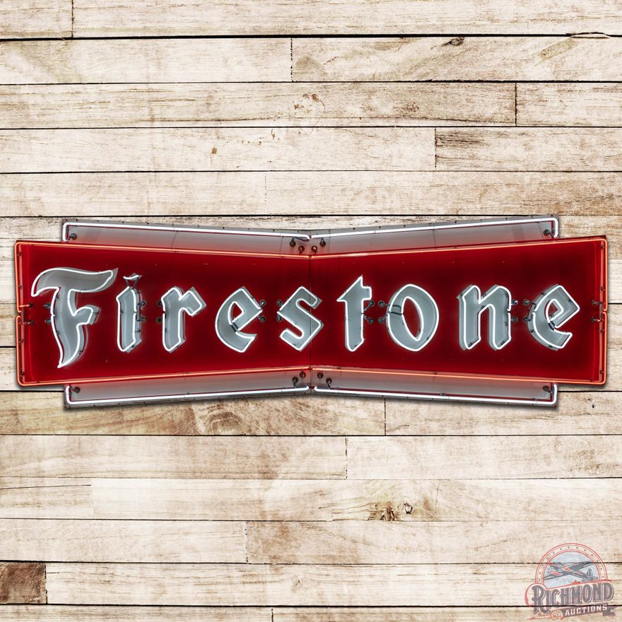 1959 Firestone Die Cut SS Porcelain Flashing Neon Sign