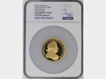 2022 ELIZABETH II BRITISH MONARCH SERIES KING GEORGE I GOLD 5oz PROOF £500 COIN PF70 UCAM