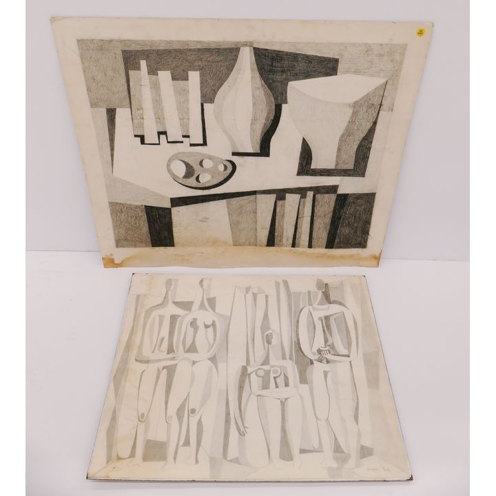 2pc Wendell Brazeau Abstract Large Drawings Unframed- 30x34'' AS IS