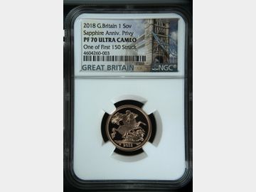 2018 'SAPPHIRE JUBILEE' PROOF GOLD SOVEREIGN PF70 UCAM TOP POP! ONE OF FIRST 150 STRUCK!