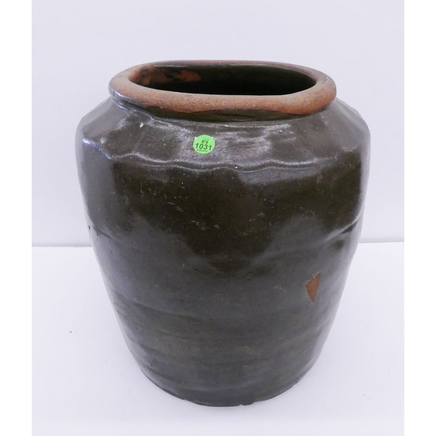 Large Japanese Provincial Green Pottery Jar- 14x13''