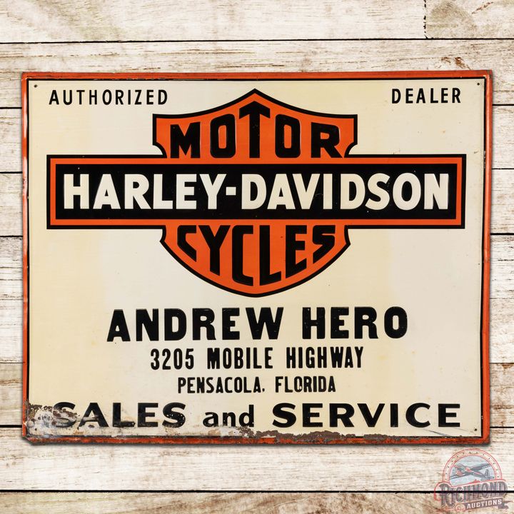 Harley Davidson Motor Cycles Sales and Service Emb. Single Sided Tin Sign Pensacola Florida w/ Logo
