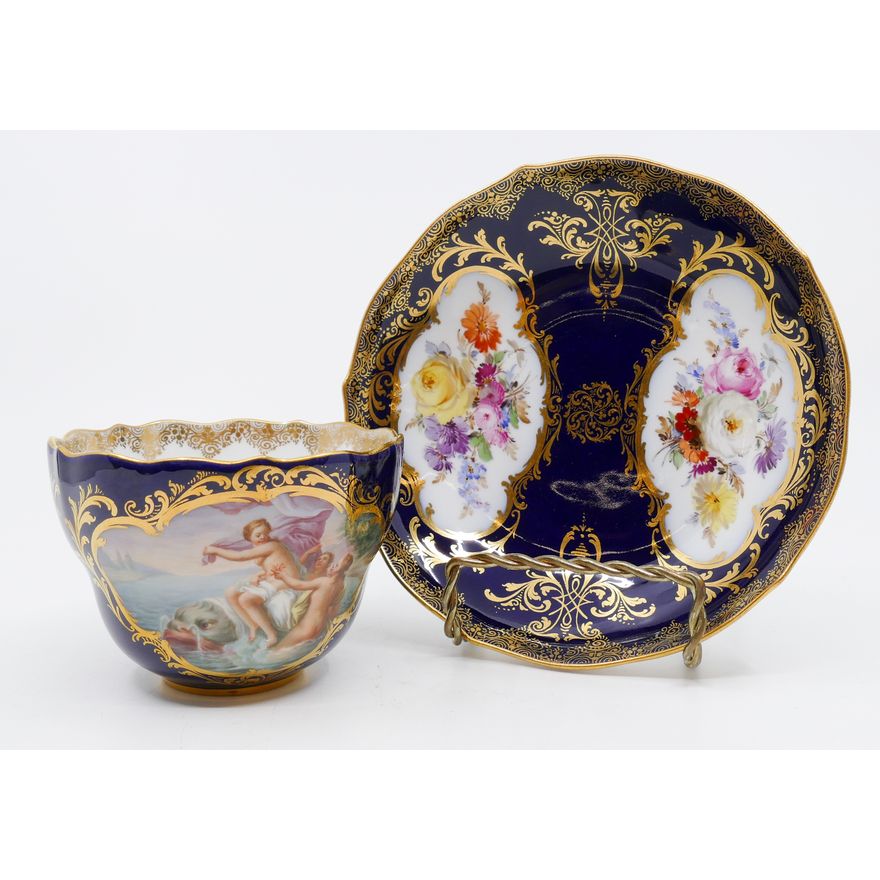Meissen 'Geburt der Venus Jeaurat' (Birth of Venus, after Etienne Jeaurat) Handpainted Cobalt Porcelain Teacup & Saucer